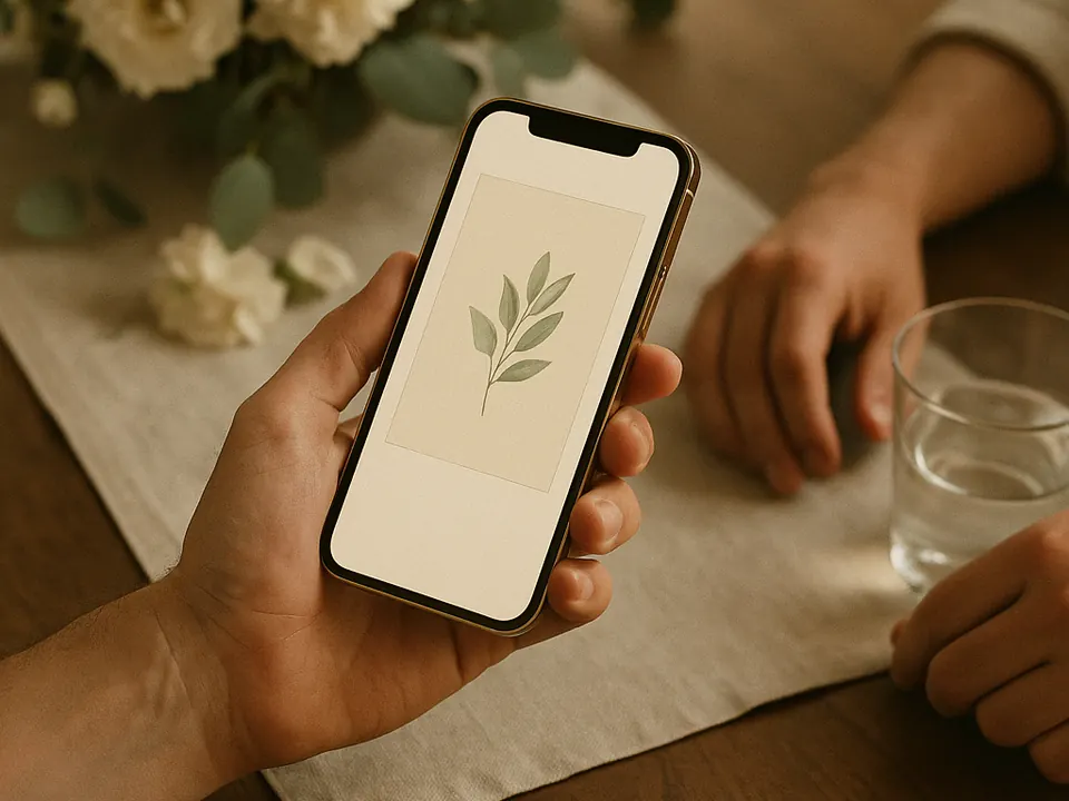 Una persona muestra una invitación en su celular a otra junto a una mesa de fiesta.