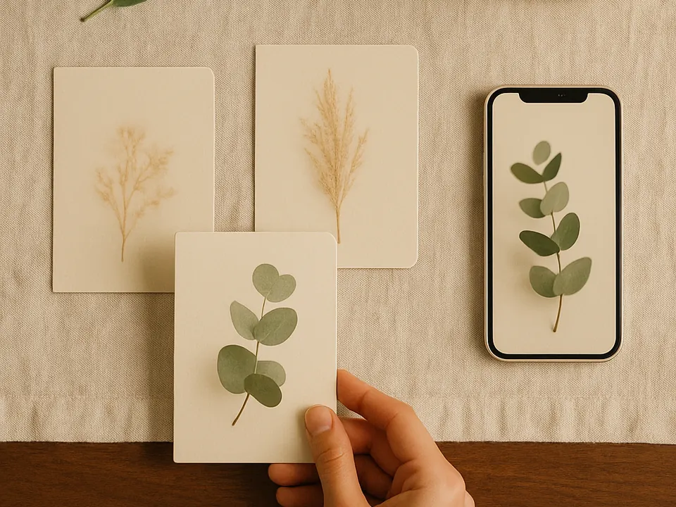 Mano elige entre tarjetas de inspiración botánica sobre una mesa de lino.