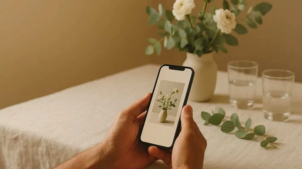 Manos sostienen un celular junto a una mesa de celebración con flores y luz cálida.