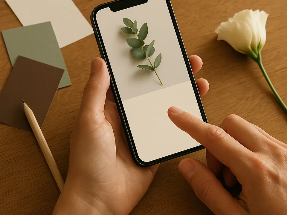 Manos preparan una invitación digital junto a muestras de color y flores.